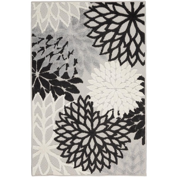 Nourison Aloha Black White 3 ft. x 4 ft. Floral Contemporary Indoor/Outdoor Patio Kitchen Area Rug