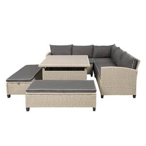 Patio Furniture Set of 6-Piece Wicker Rattan Outdoor Sectional Sofa with Gray Cushions for Backyard, Garden, Poolside