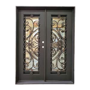 74 in. x 96 in. 2 Panel Left-Hand/Inswing Operable Straight Frosted Glass Dark Bronze Finished Iron Prehung Front Door