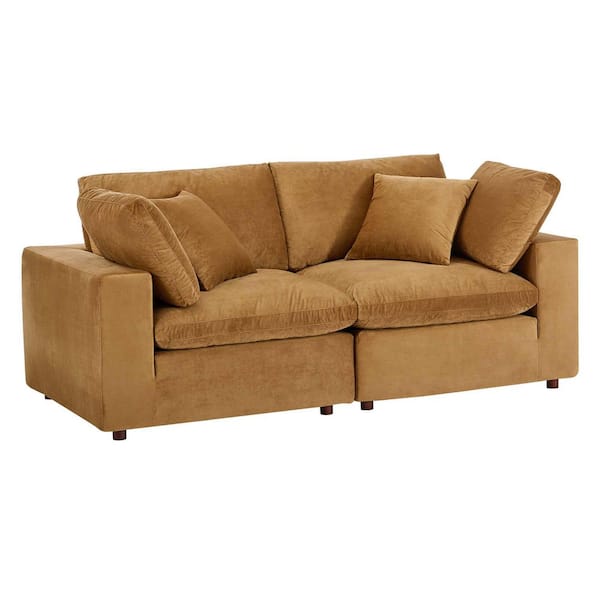 Commix 80 in. Cognac Velvet 3 Seat Down Filled Overstuffed Performance Loveseats