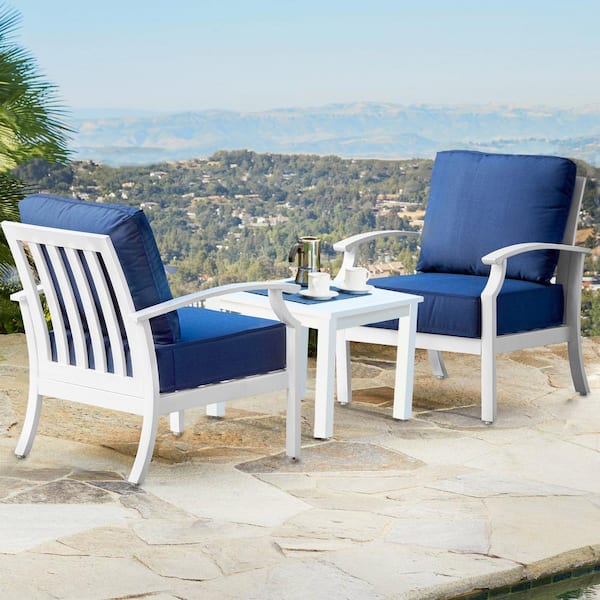 Royal Garden Bridgeport White 3-Piece Aluminum Patio Seating Set with Blue Cushions