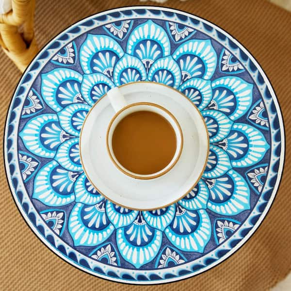 Merra Black Metal Ceramic Tile Top Mosaic Outdoor Side Table, Blue