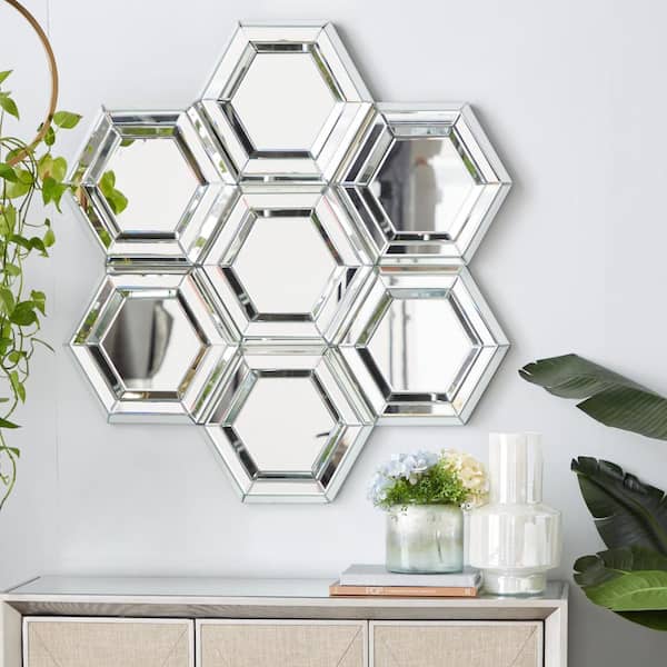 Litton Lane 41 in. x 39 in. Honeycomb Shaped Geometric Framed Silver Geometric Wall Mirror