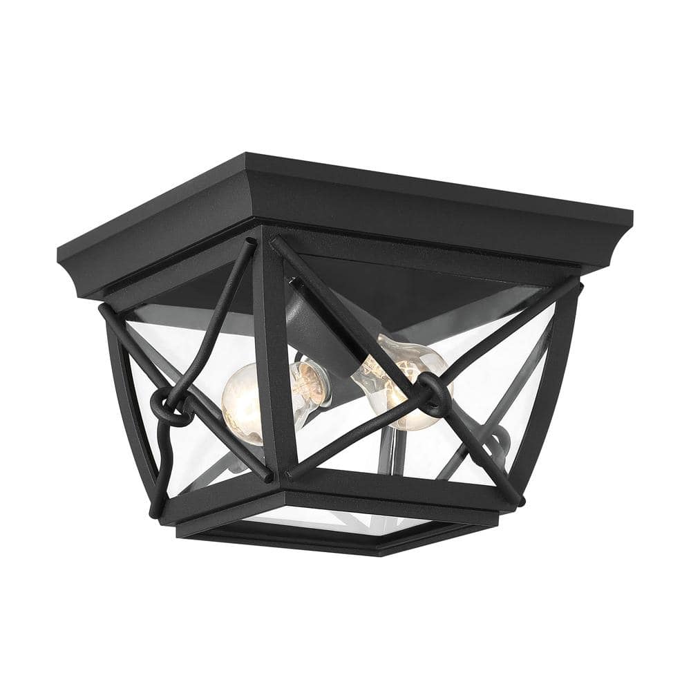 Designers Fountain Belmont 2-Light Black Outdoor Ceiling Flush Mount Light with Clear Glass Shade