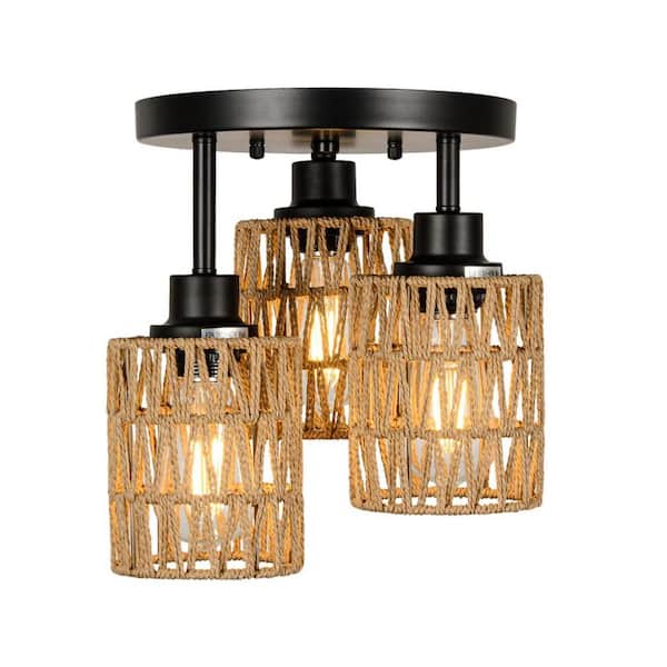 Amucolo 9.8 in. 3-Lights Brown Boho Flush Mount Light with No Bulbs Included