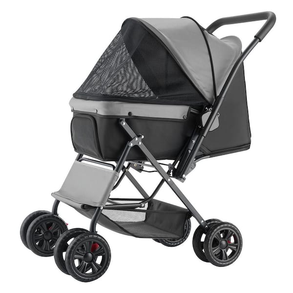 Pet Stroller, 4 Wheels Dog Stroller Rotate with Brakes, 44lbs. Weight Capacity, Puppy Stroller with Reversible Handlebar