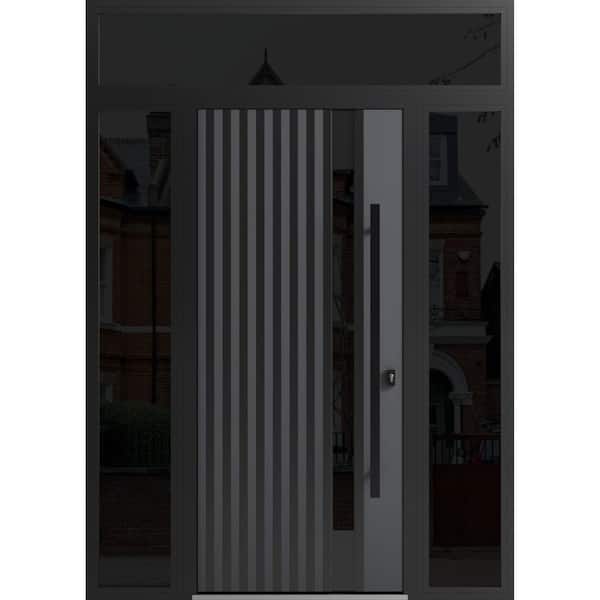 VDOMDOORS 0144 64 in. x 96 in. Left-hand/Inswing 3 Sidelight Tinted Glass Grey Steel Prehung Front Door with Hardware