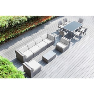 Ohana Gray 14-Piece Wicker Patio Conversation Set with Stackable Dining Chairs and Sunbrella Natural Cushions