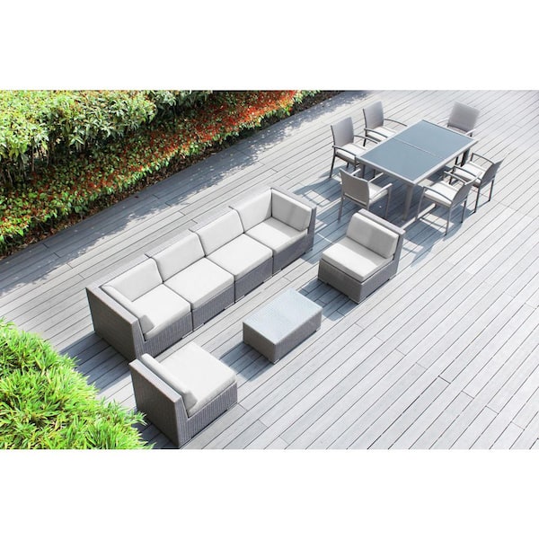 Ohana Depot Ohana Gray 14-Piece Wicker Patio Conversation Set with Stackable Dining Chairs and Sunbrella Natural Cushions