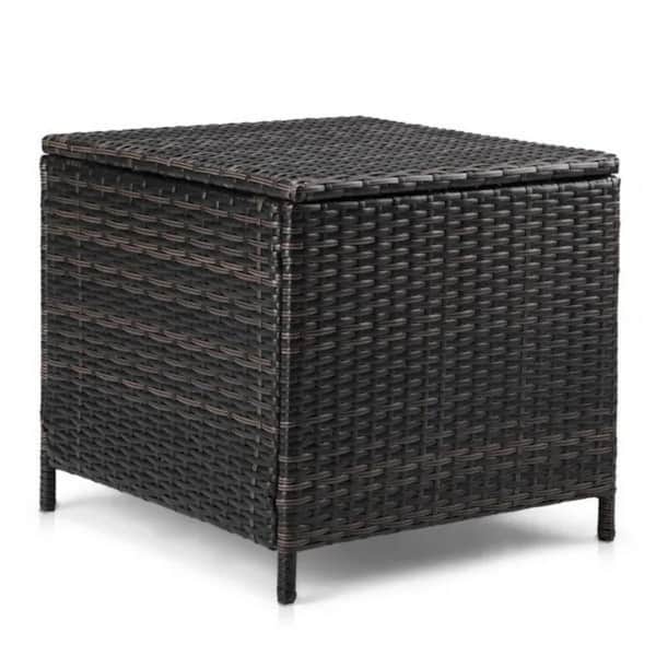Outdoor PE Wicker Side Table with Storage, Patio Rattan End Table Square Container, Brown