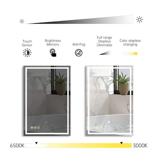 20 in. W x 30 in. H Rectangular Frameless Anti-Fog Wall Mounted LED Light Bathroom Vanity Mirror in Silver