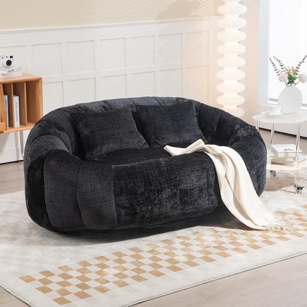 HOMEFUN 59 in. Black Chenille 2-Seater Loveseat Bean Bag Chair
