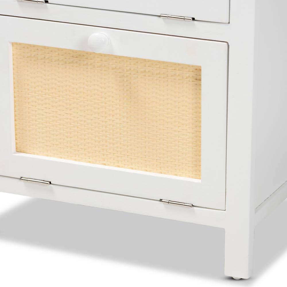 Sariah Mid-Century Rattan Accented 2-Drawer Nightstand - White