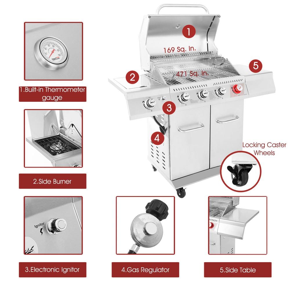 Stainless Steel 4-Burner Propane Gas Grill with Side Burner