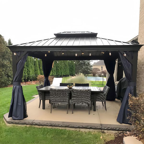 10 ft.x 12 ft.Bronze Aluminum Power-Coated Frame Galvanized Steel Double Roof Hardtop Gazebo,Hooks, Netting,Blue Curtain