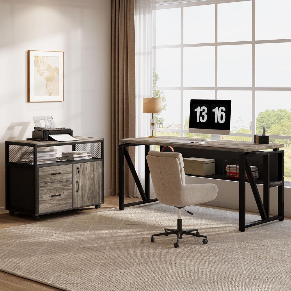 63 in. L-Shaped Light Gray and Black Executive Desk with File Cabinet and Drawers, Reversible Office Desk with Shelves