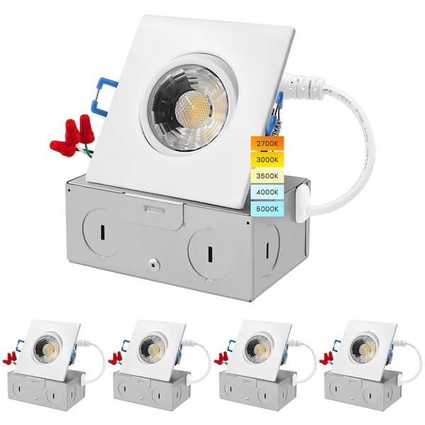 LUXRITE 3 in. Canless J-Box 8-Watt 5 CCT 600 Lumens Square Adjustable LED Gimbal Recessed Light w/IC Rated Damp Rated (4-Pack)