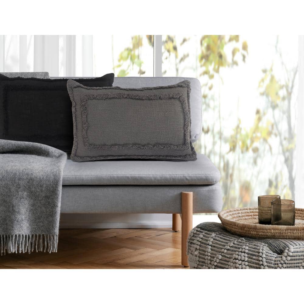 Modern Textured Tufted Lumbar Throw Pillow, 16" x 24", Deep Gray