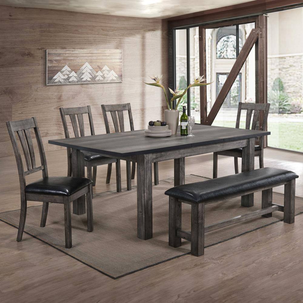 Rustic Gray Oak 8-Piece Dining Set with High-Back Chairs and Bench