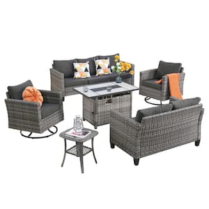 Hyperion 6-Pcs Wicker Patio Rectangular Fire Pit Set and with Black Cushions and Swivel Rocking Chairs