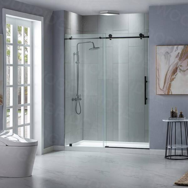 Austin 44 in. to 48 in. x 76 in. Frameless Sliding Shower Door with Shatter Retention Glass in Matte Black Finish Austin 44 in. to 48 in. x 76 in. Frameless Sliding Shower Door with Shatter Retention Glass in Matte Black Finish