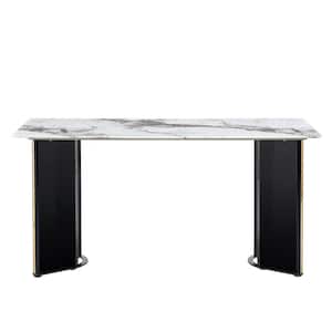 Modern Rectangle White Faux Marble 33.46 in. Pedestal Dining Table Seats for 6