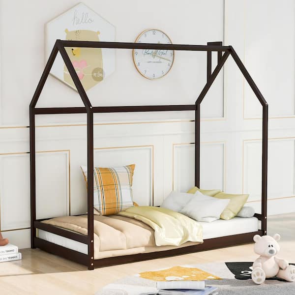 Espresso Twin Size Wooden House Bed House Shape Floor Bed Frame Wood House Bed for Boys and Girls