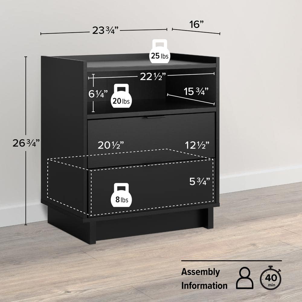 Simple Black 2 Drawer Modern Nightstand with Open Shelf