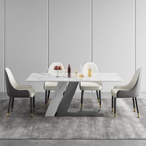 78.74in. White Rectangle Sintered Stone Top Dining Table with Stainless Steel Base Seats 10