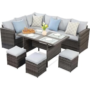 7-Pieces PE Rattan Wicker Outdoor Patio Dining Sectional Sofa Set with Grey Cushions