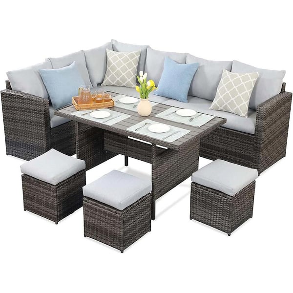 Unbranded 7-Pieces PE Rattan Wicker Outdoor Patio Dining Sectional Sofa Set with Grey Cushions