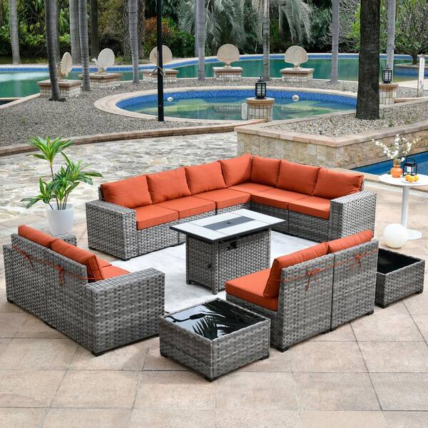 HOOOWOOO Tahoe Grey 13 Piece Wicker Wide Arm Outdoor Patio Conversation Sofa Set with a Fire Pit and Orange Red Cushions FPBR8012RE The Home Depot