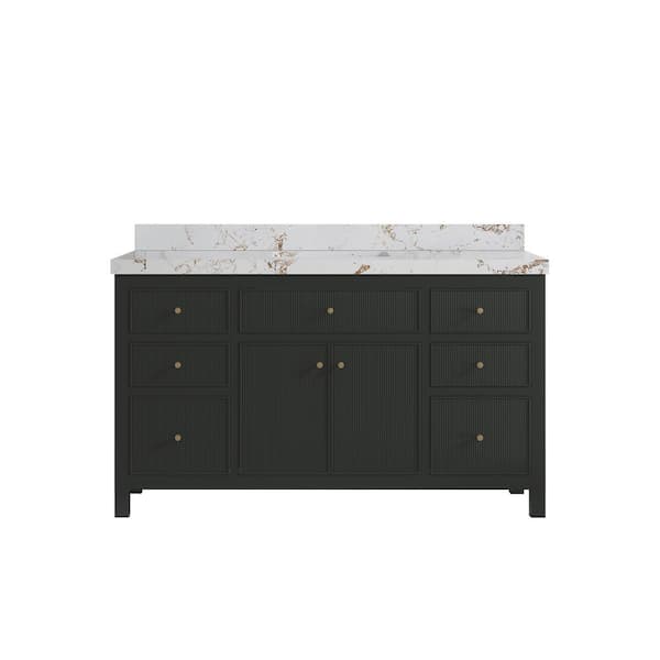 Willow Collections Sonoma 60 in. Single Sink Freestanding Black Top Bath Vanity with Viola Gold Quartz Top Unassembled