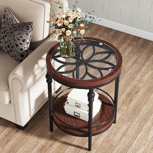 Calvin 19.7 in. W Brown Round Wood End Side Table 2-Tier Storage Shelf Bed Sofa Couch Snack Glass Tabletop Nightstand