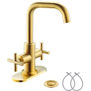Brushed Gold 2-Handle 4 Inch Centerset Bathroom Faucet with Drain, Deck Plate and Supply Hoses