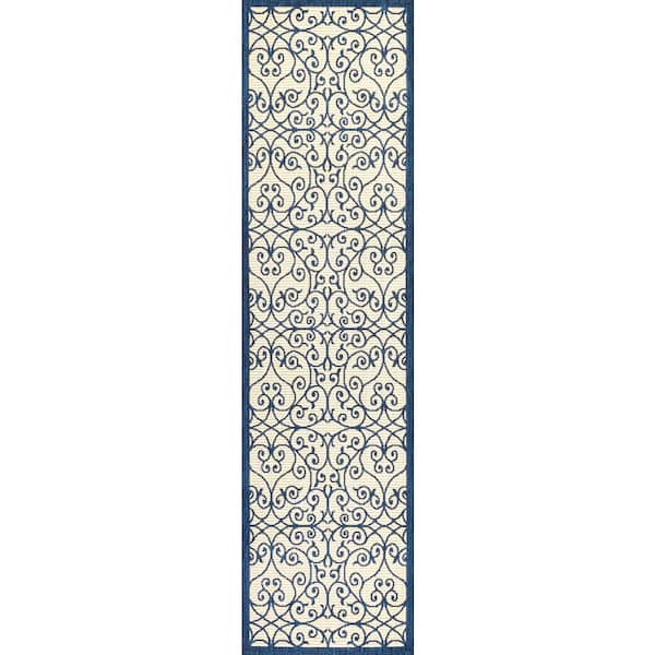 Madrid Vintage Filigree Textured Weave Navy/Beige 2 ft. x 10 ft. Indoor/Outdoor Area Rug