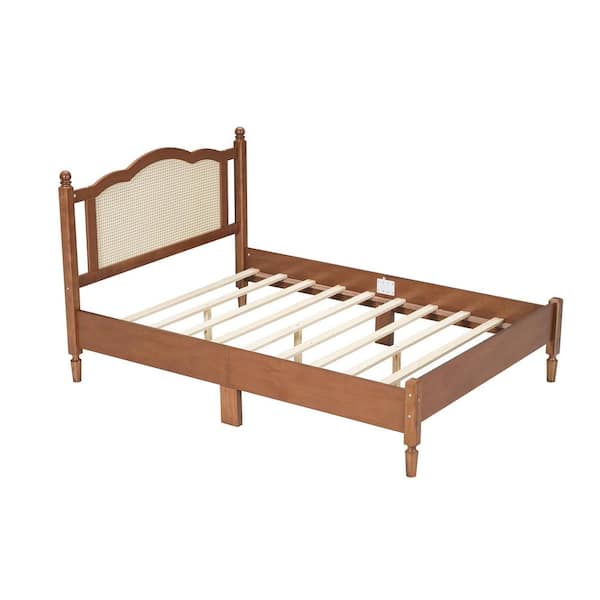 Walnut Brown Wood Frame Full Size Vintage Platform Bed with Natural Rattan Headboard