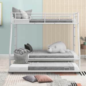 White Metal Twin Over Full Bunk Bed with Trundle, 2-Side Ladders