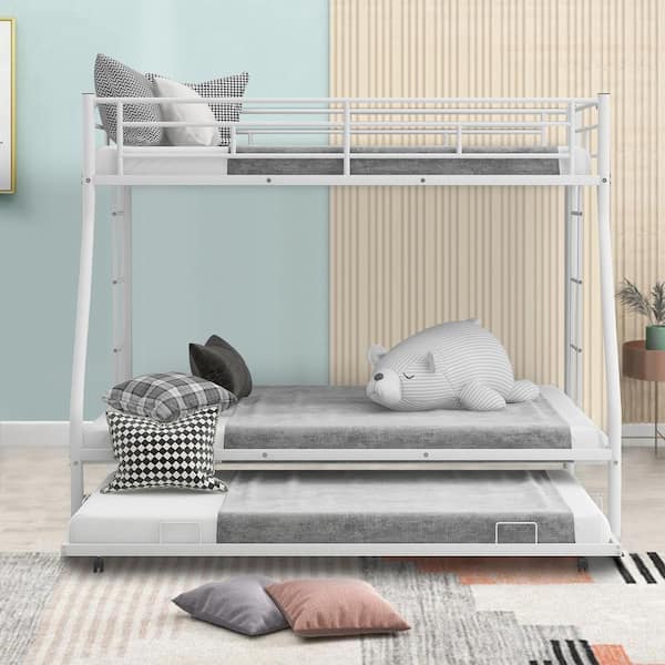 Maincraft White Metal Twin Over Full Bunk Bed with Trundle, 2-Side Ladders