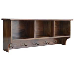 14 in. H x 36 in. L x 9 in. D Acacia Wood Floating Decorative Cubby Wall Shelf with 5-Double Hooks