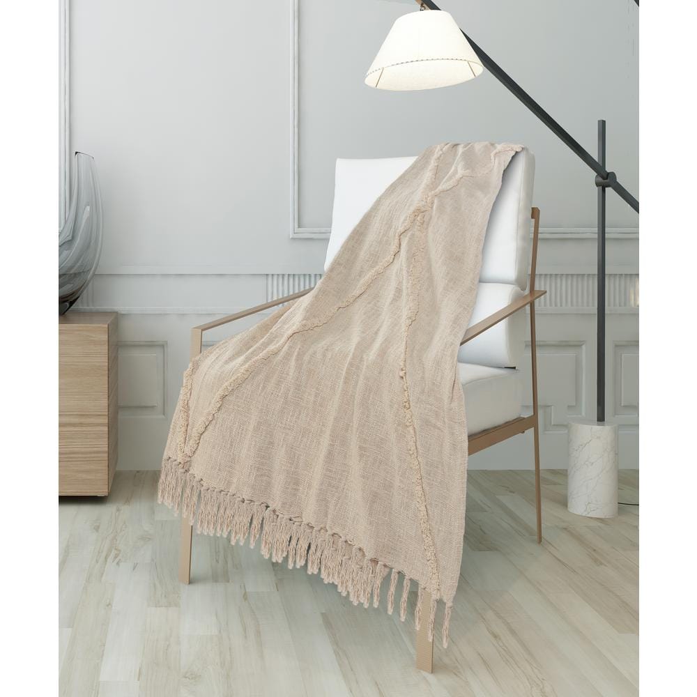 Norah Birch / Cream Moroccan Fringed Tufted Cotton Throw Blanket