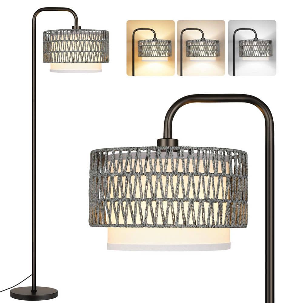 68 in. Black Paint Boho Standing Lamp, 1-Bulb Remote 3-Color Temp Arc Floor Lamp for Bedroom w/ Grey Rattan Fabric Shade price history on PriceWatchPro