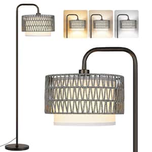 68 in. Black Paint Boho Standing Lamp, 1-Bulb Remote 3-Color Temp Arc Floor Lamp for Bedroom w/ Grey Rattan Fabric Shade