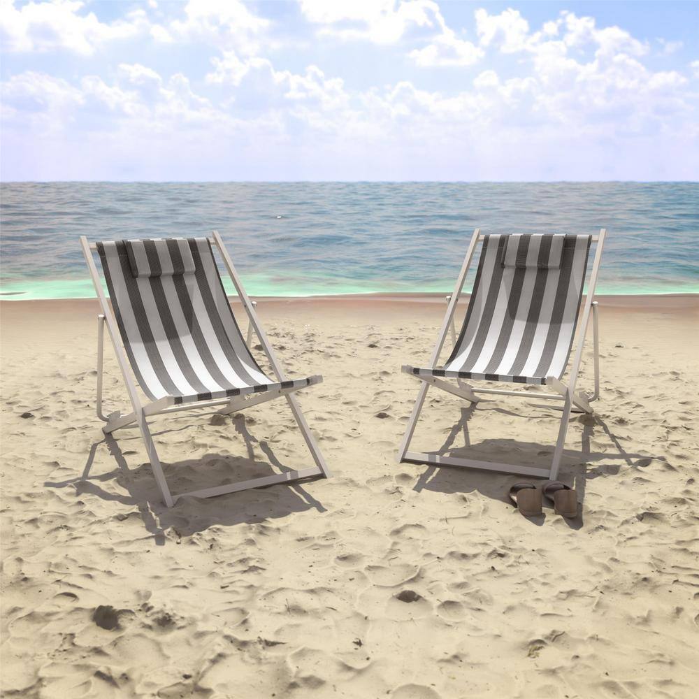 Classic Black and White Striped Foldable Beach Chairs, Set of 2