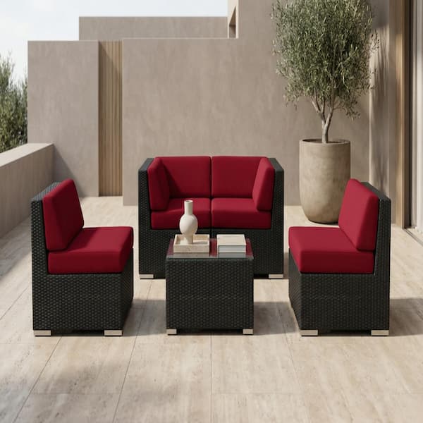Ohana Black 5-Piece Wicker Patio Seating Set with Sunbrella Jockey Red Cushions