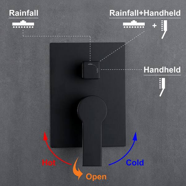 WELLFOR DT 12-in Rain Shower Head Wall Mount Matte Black Dual Head Waterfall Built-in Shower Faucet System with 2-Way Diverter Valve Included