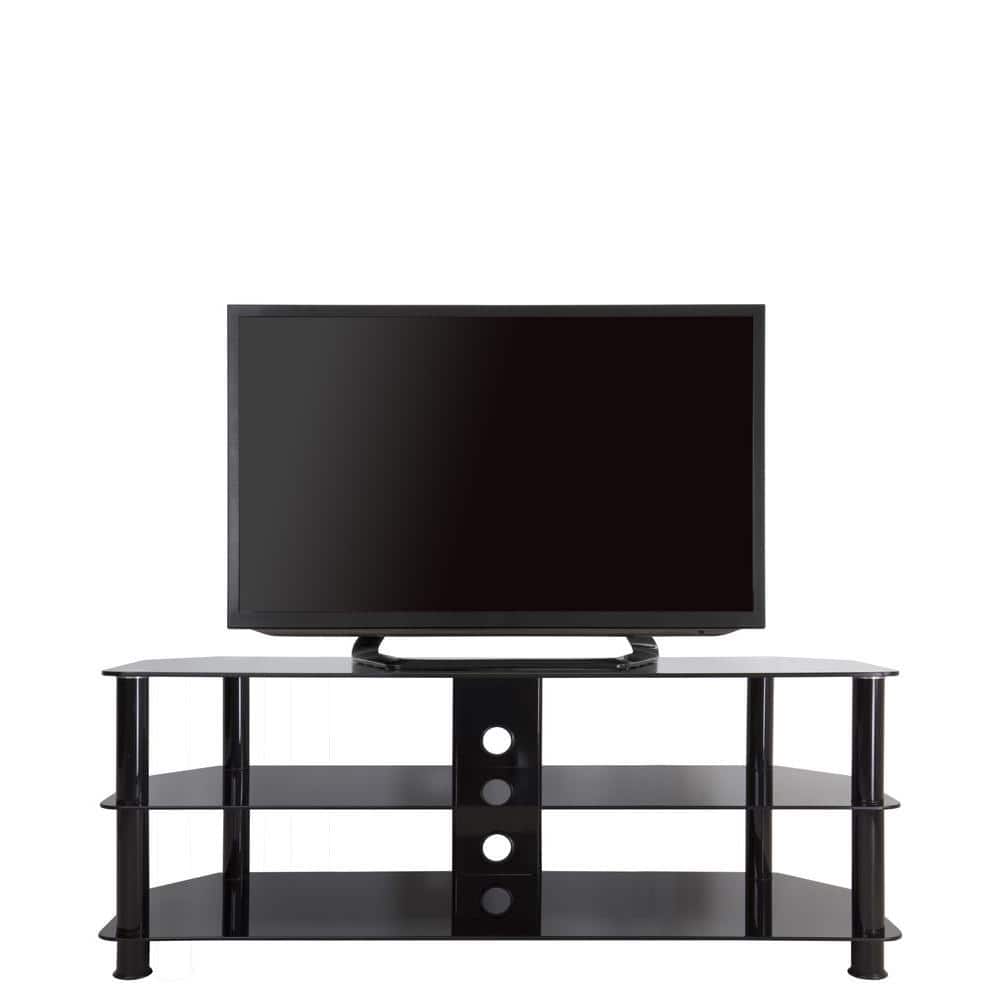 Black Stainless Steel Corner TV Stand with Glass Shelves