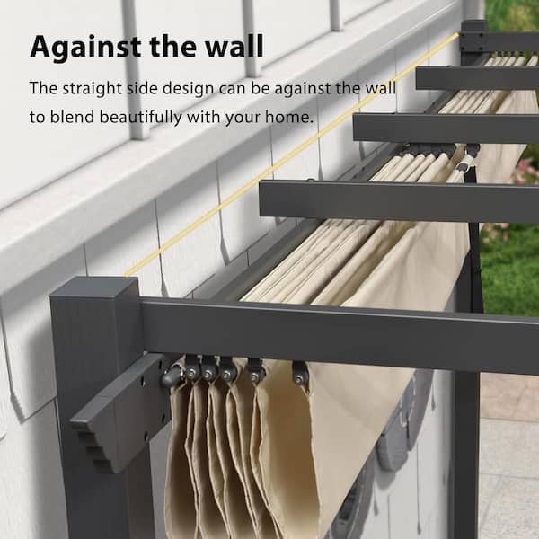 9.5 ft. W x 13 ft. D Modern Gray Aluminum Against The Wall Design Pergola with Khaki Adjustable Sunshade Canopy for Deck