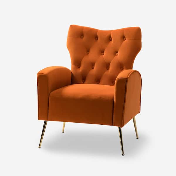 JAYDEN CREATION Brion Modern Orange Velvet Button Tufted Comfy Wingback Armchair with Metal Legs