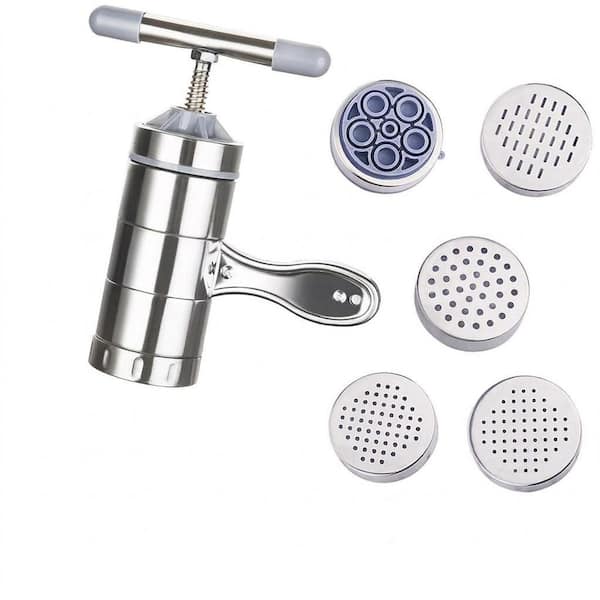 Stainless Steel Silver Anti-Rust Hand-Crank Pasta Maker with 5 Molds Manual Noodle Press Machine for Kitchen